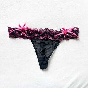 Frederick's of Hollywood Black and Hot Pink Lace Thong with Satin Bows